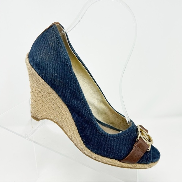 Michael Michael Kors Denim Blue Peep Toe Espadrille Wedges Size 7 - Picture 1 of 13